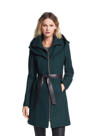 Hooded Wool Blend Coat with Leather Belt